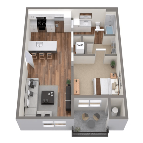 Floor plan for 1 bed, 1 bath, 665 sqft
